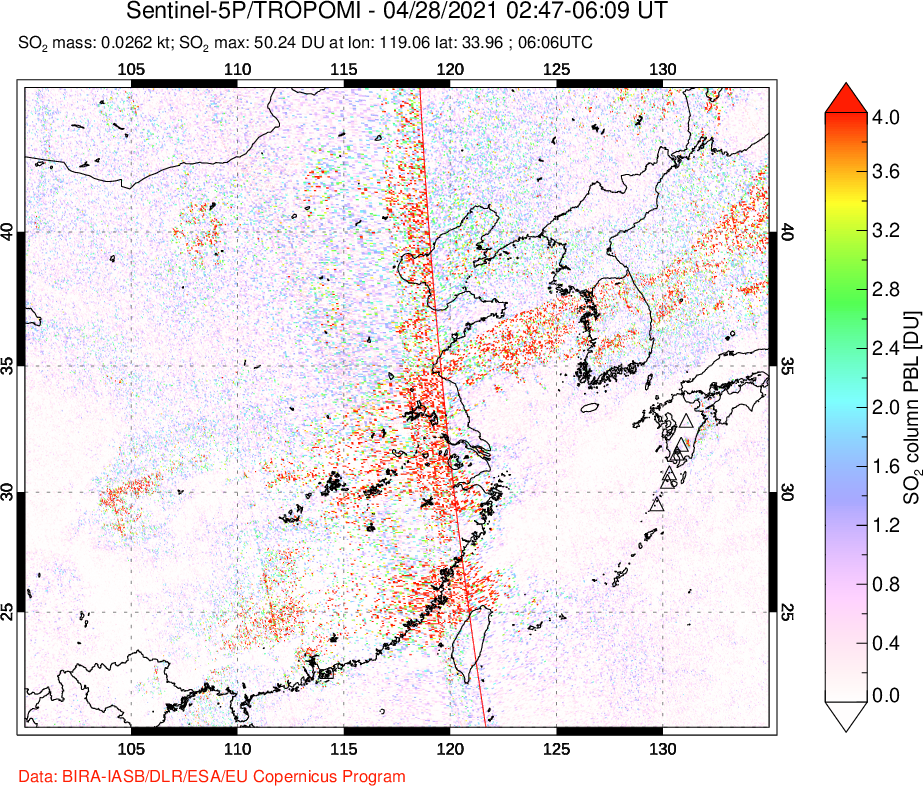 A sulfur dioxide image over Eastern China on Apr 28, 2021.