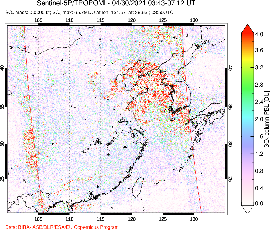A sulfur dioxide image over Eastern China on Apr 30, 2021.