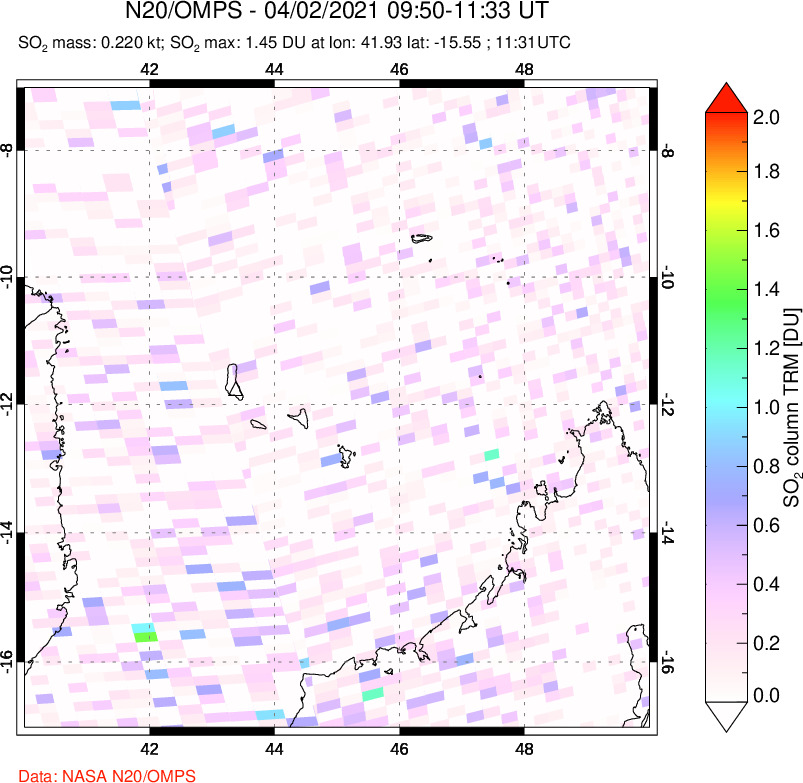A sulfur dioxide image over Comoro Islands on Apr 02, 2021.