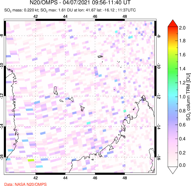 A sulfur dioxide image over Comoro Islands on Apr 07, 2021.