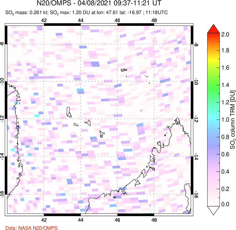 A sulfur dioxide image over Comoro Islands on Apr 08, 2021.