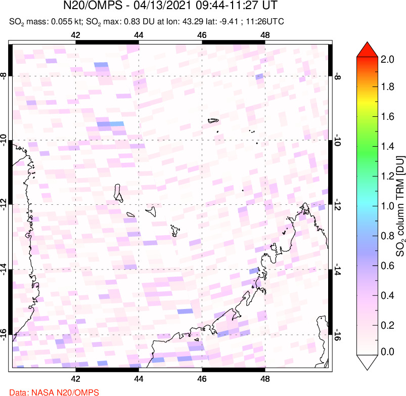 A sulfur dioxide image over Comoro Islands on Apr 13, 2021.