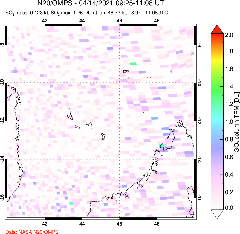 A sulfur dioxide image over Comoro Islands on Apr 14, 2021.
