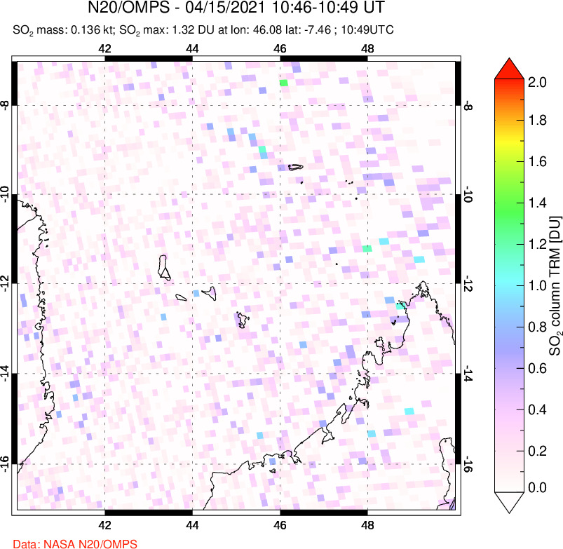 A sulfur dioxide image over Comoro Islands on Apr 15, 2021.
