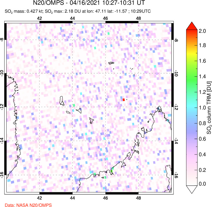 A sulfur dioxide image over Comoro Islands on Apr 16, 2021.