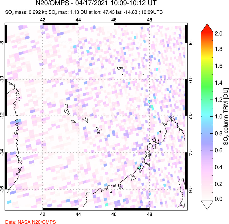 A sulfur dioxide image over Comoro Islands on Apr 17, 2021.