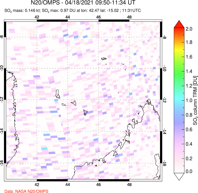 A sulfur dioxide image over Comoro Islands on Apr 18, 2021.