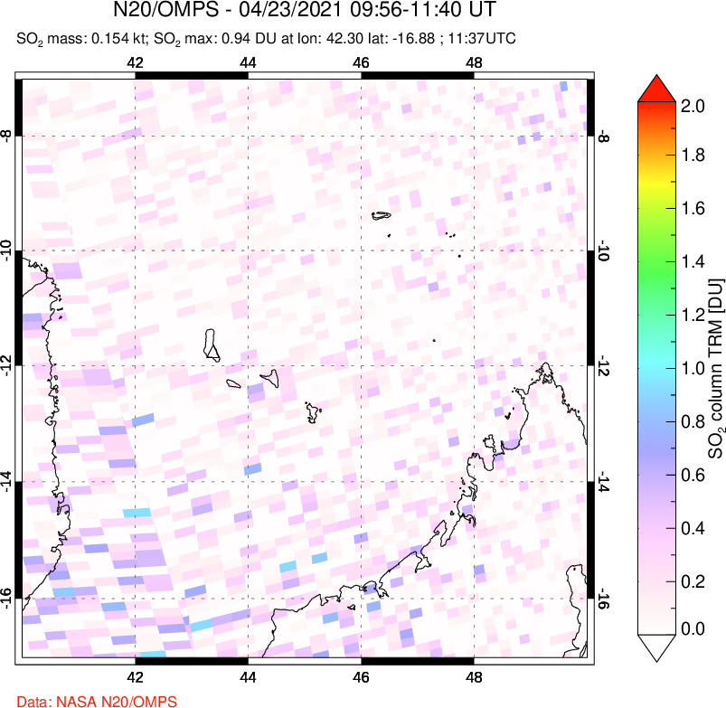 A sulfur dioxide image over Comoro Islands on Apr 23, 2021.