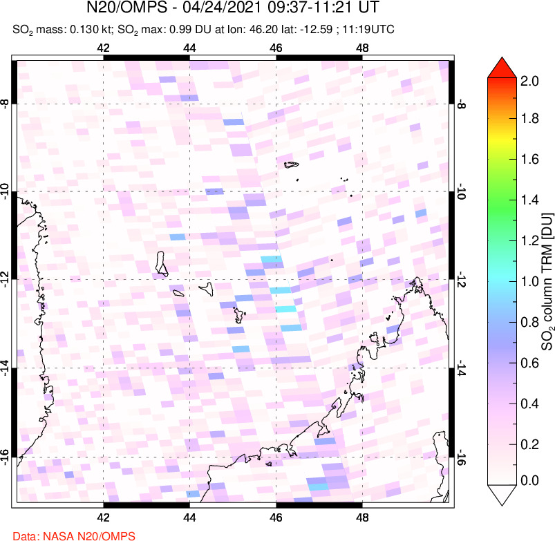 A sulfur dioxide image over Comoro Islands on Apr 24, 2021.