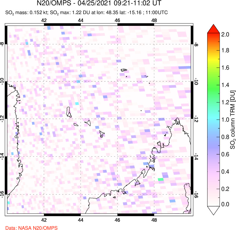 A sulfur dioxide image over Comoro Islands on Apr 25, 2021.