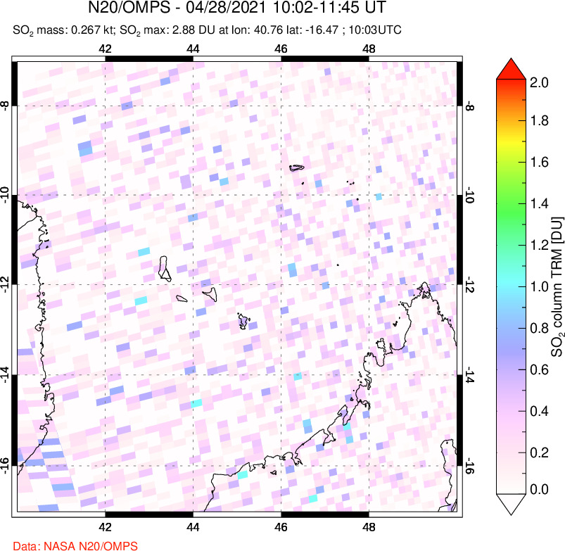 A sulfur dioxide image over Comoro Islands on Apr 28, 2021.