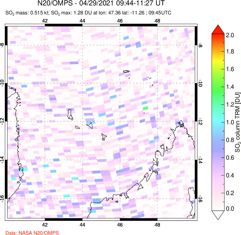 A sulfur dioxide image over Comoro Islands on Apr 29, 2021.