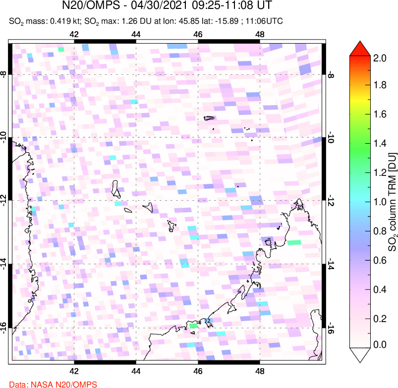 A sulfur dioxide image over Comoro Islands on Apr 30, 2021.