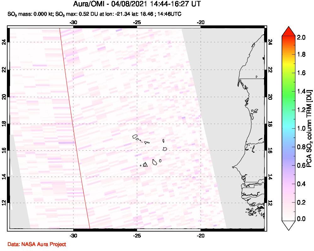 A sulfur dioxide image over Cape Verde Islands on Apr 08, 2021.
