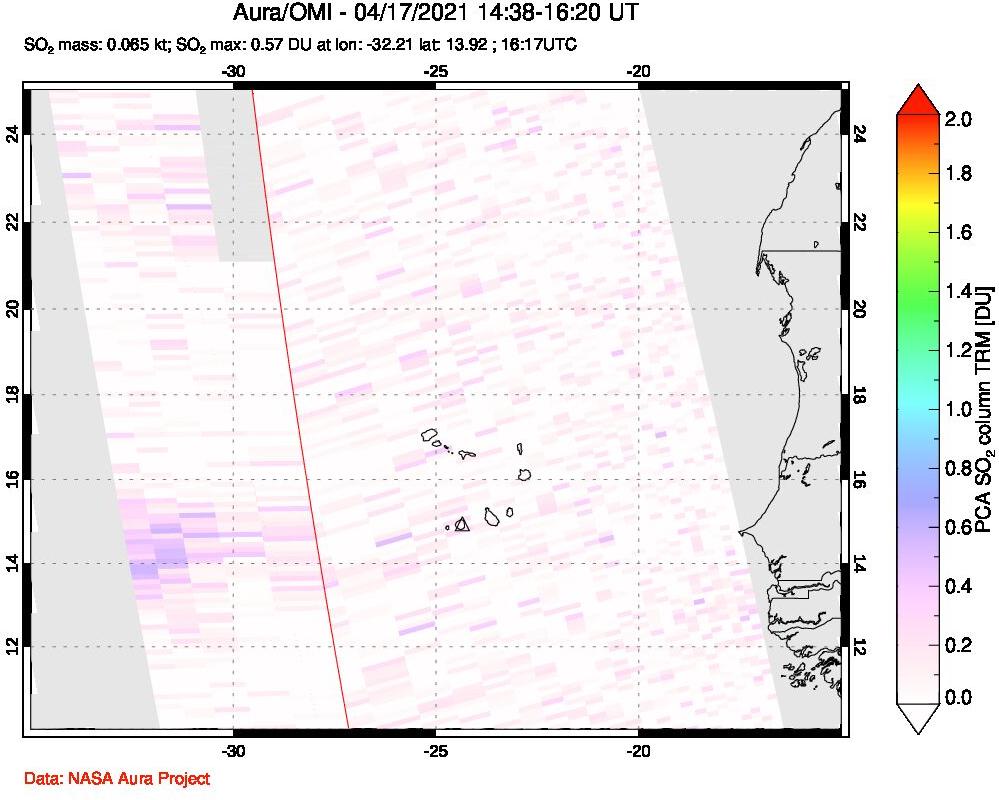 A sulfur dioxide image over Cape Verde Islands on Apr 17, 2021.