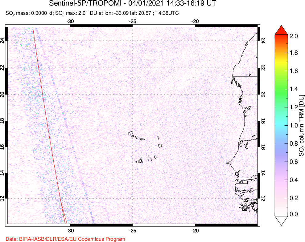 A sulfur dioxide image over Cape Verde Islands on Apr 01, 2021.