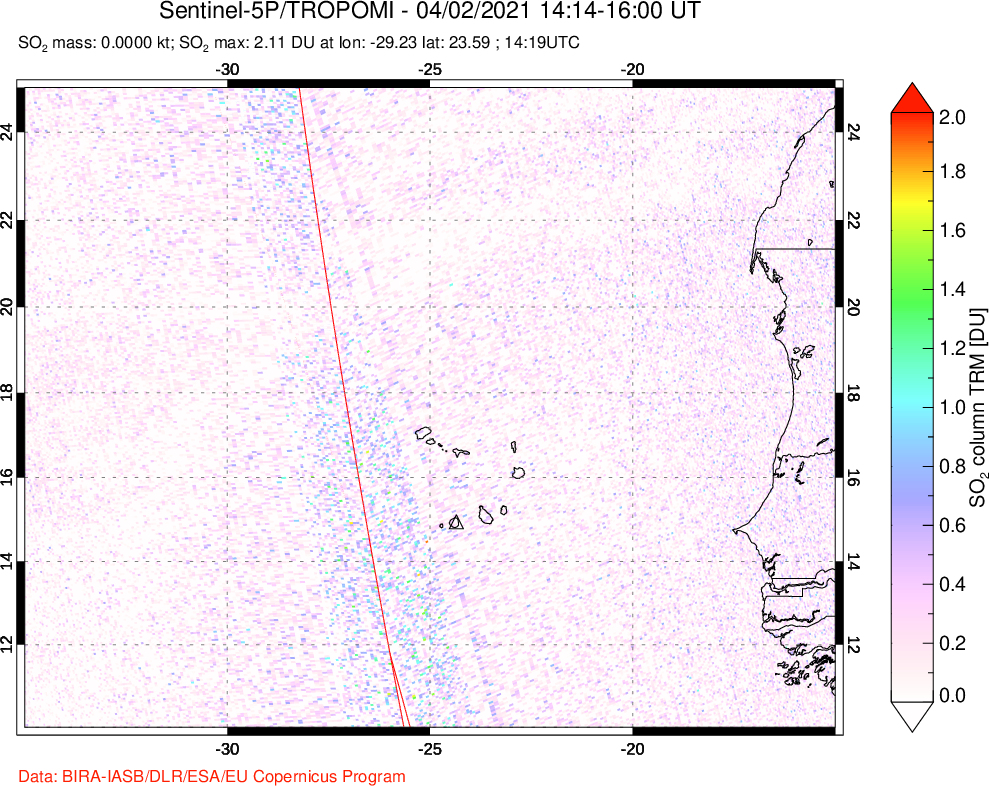 A sulfur dioxide image over Cape Verde Islands on Apr 02, 2021.