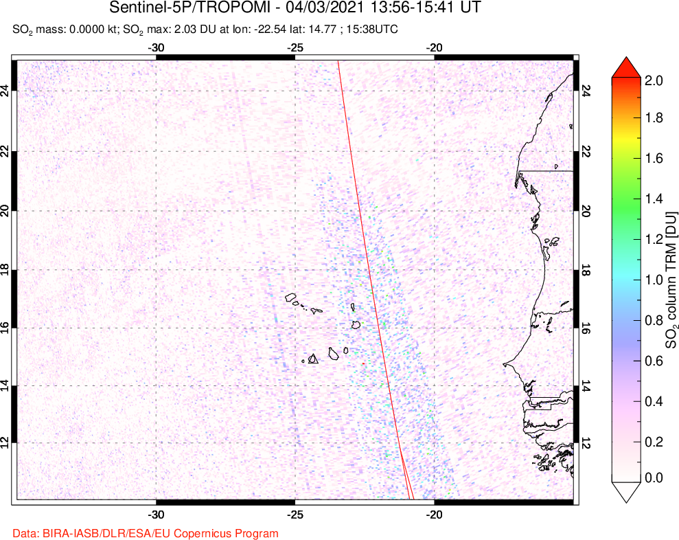 A sulfur dioxide image over Cape Verde Islands on Apr 03, 2021.