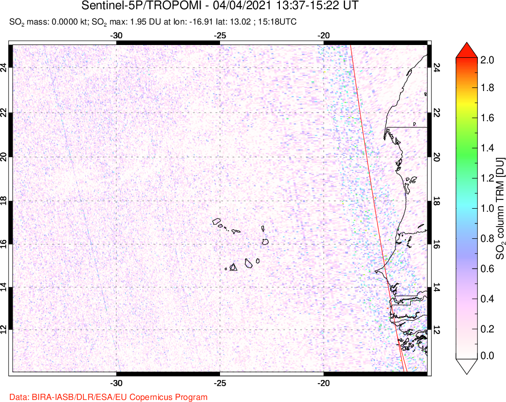 A sulfur dioxide image over Cape Verde Islands on Apr 04, 2021.