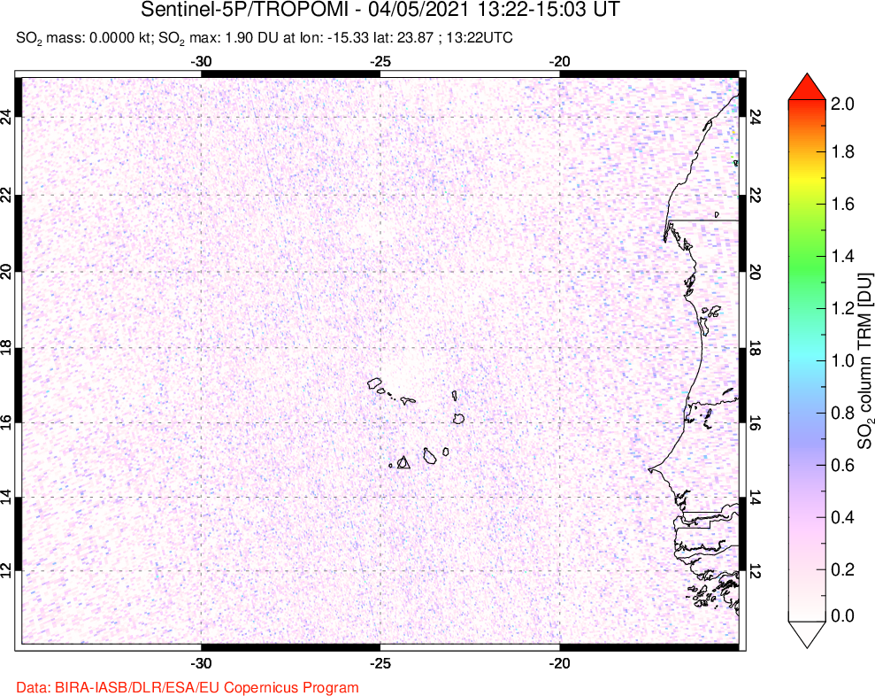 A sulfur dioxide image over Cape Verde Islands on Apr 05, 2021.