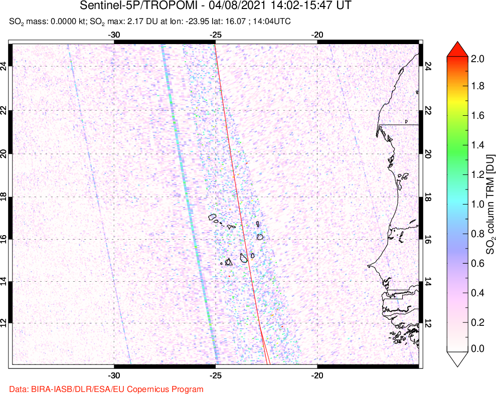 A sulfur dioxide image over Cape Verde Islands on Apr 08, 2021.