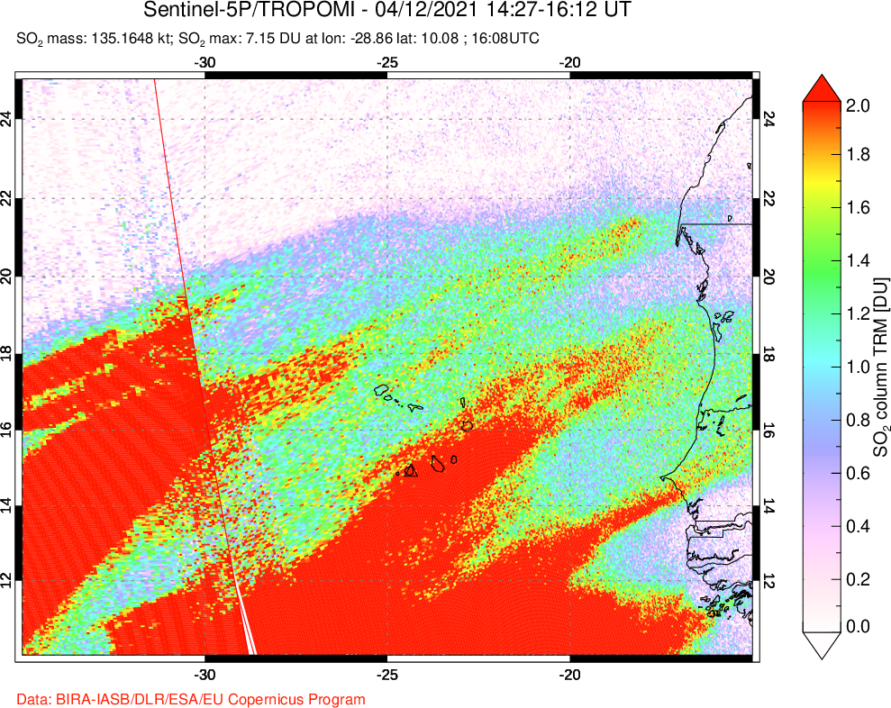 A sulfur dioxide image over Cape Verde Islands on Apr 12, 2021.