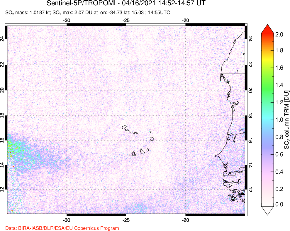 A sulfur dioxide image over Cape Verde Islands on Apr 16, 2021.