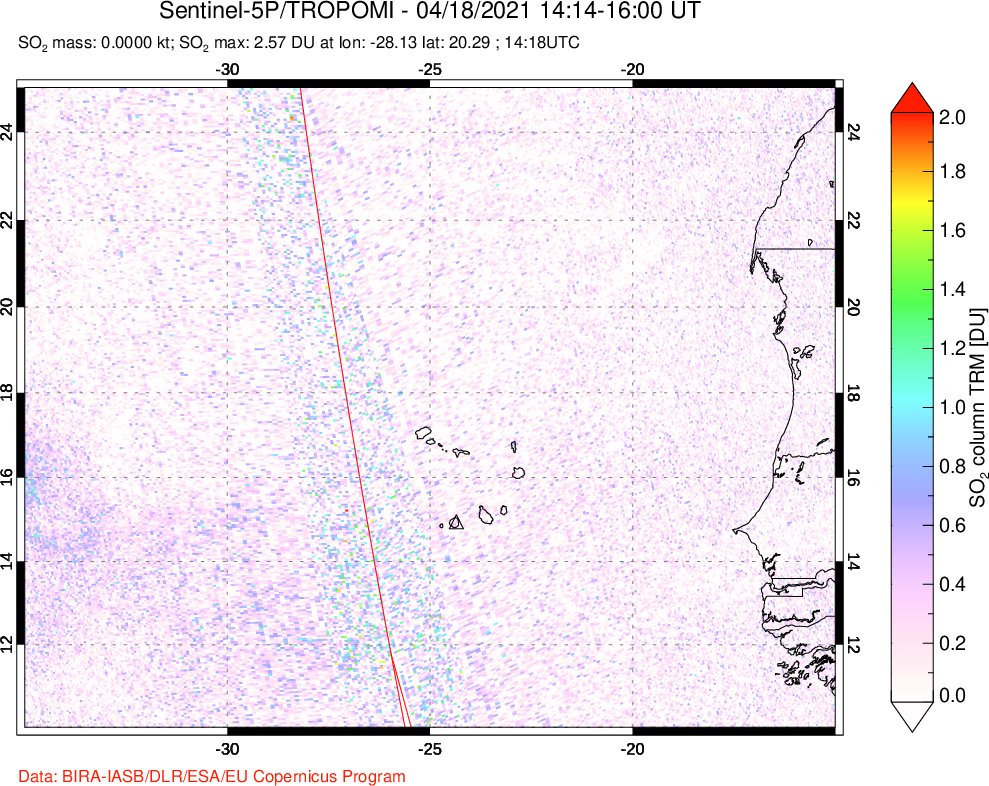 A sulfur dioxide image over Cape Verde Islands on Apr 18, 2021.