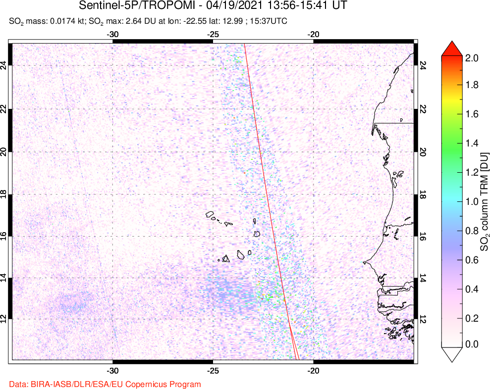 A sulfur dioxide image over Cape Verde Islands on Apr 19, 2021.