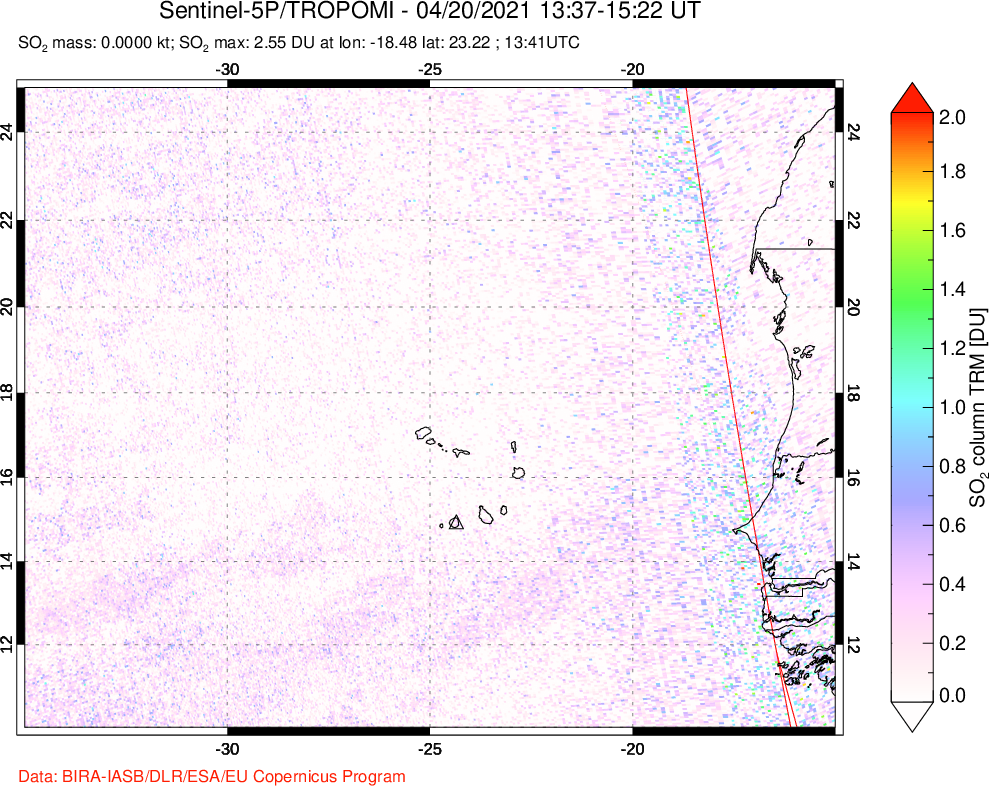 A sulfur dioxide image over Cape Verde Islands on Apr 20, 2021.