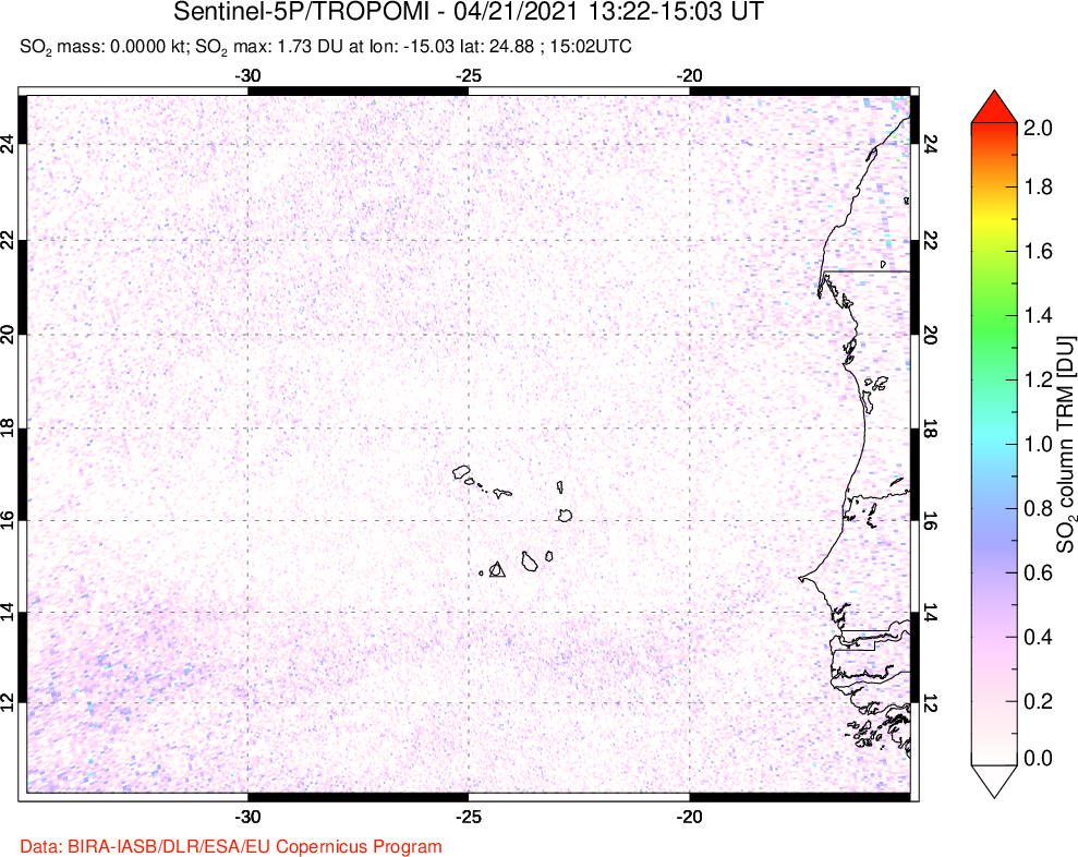 A sulfur dioxide image over Cape Verde Islands on Apr 21, 2021.