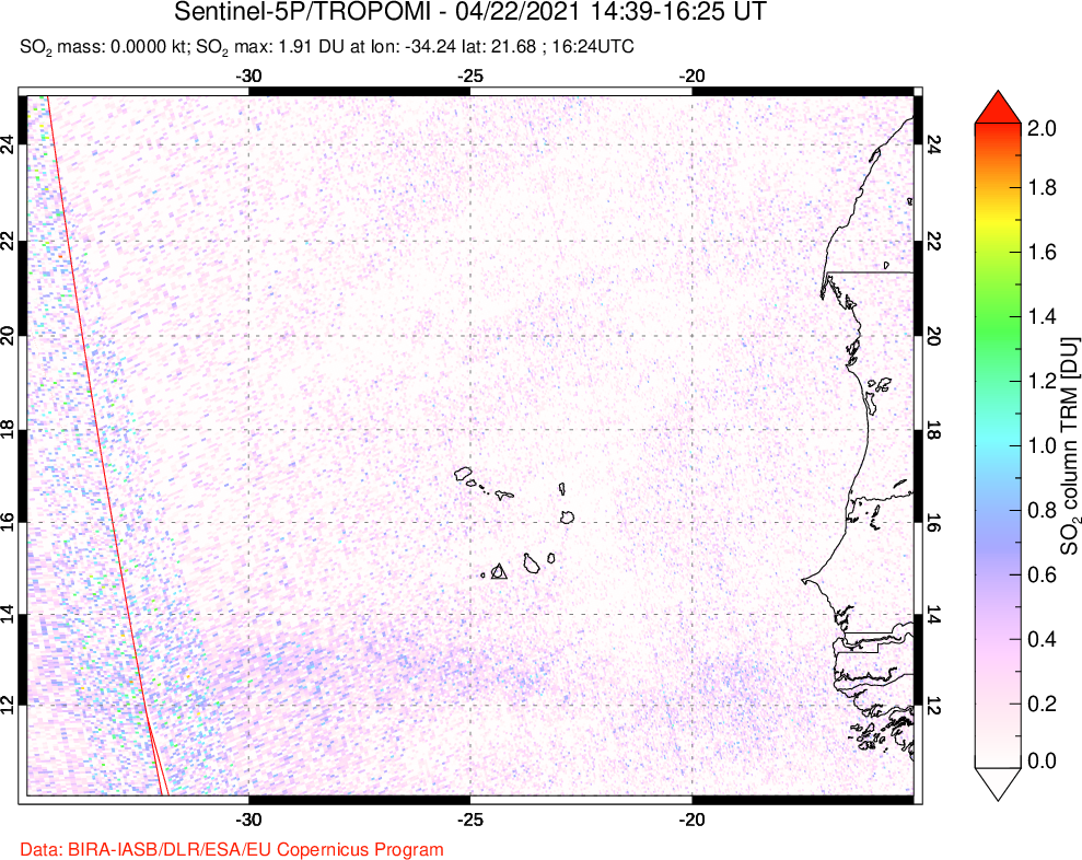 A sulfur dioxide image over Cape Verde Islands on Apr 22, 2021.