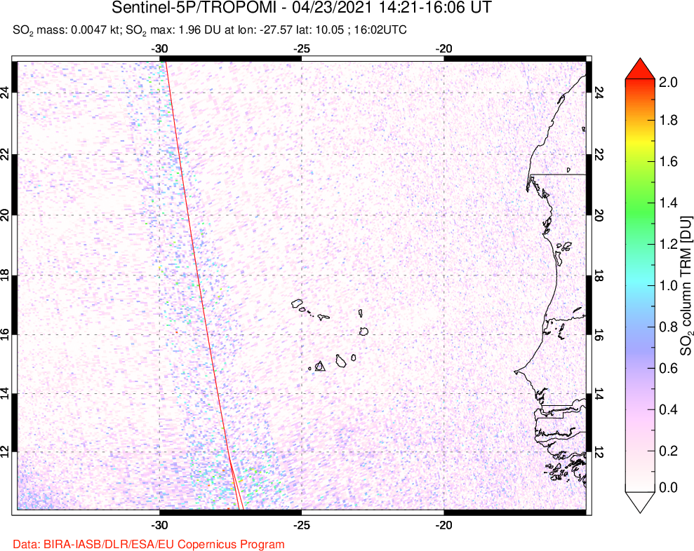 A sulfur dioxide image over Cape Verde Islands on Apr 23, 2021.