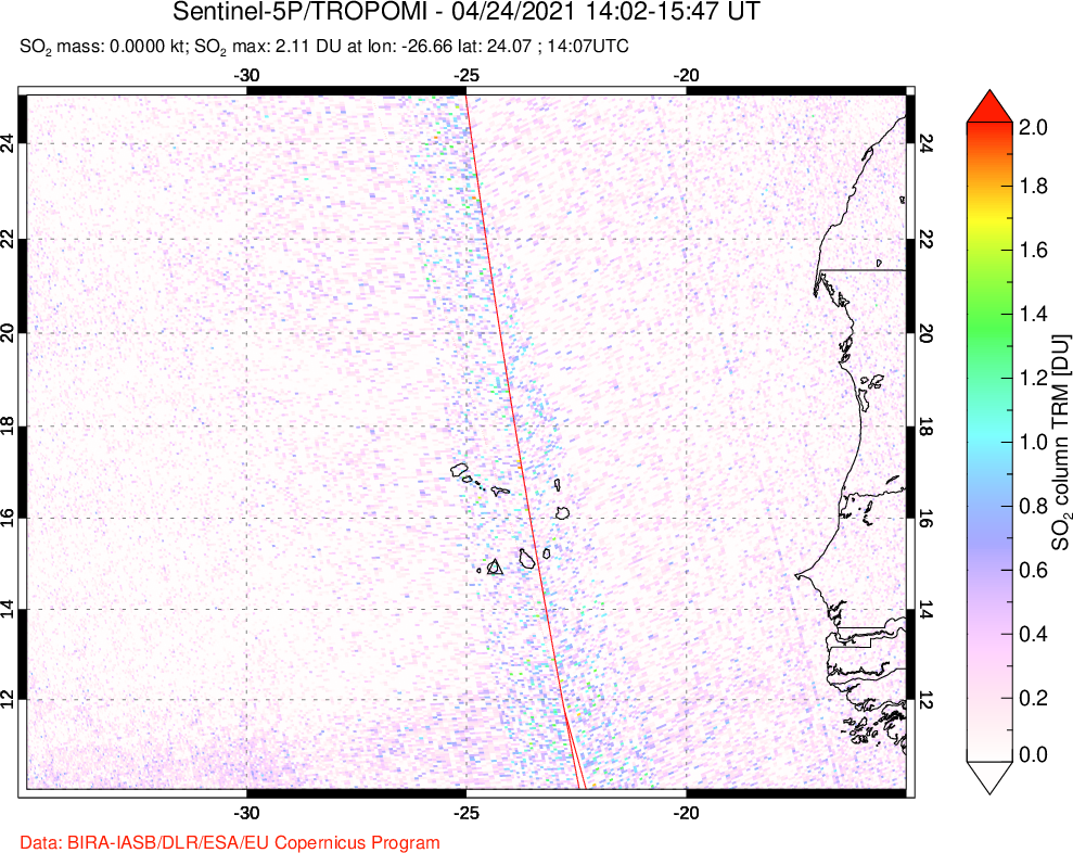A sulfur dioxide image over Cape Verde Islands on Apr 24, 2021.