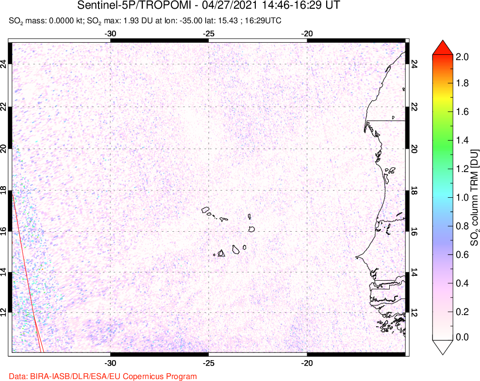 A sulfur dioxide image over Cape Verde Islands on Apr 27, 2021.