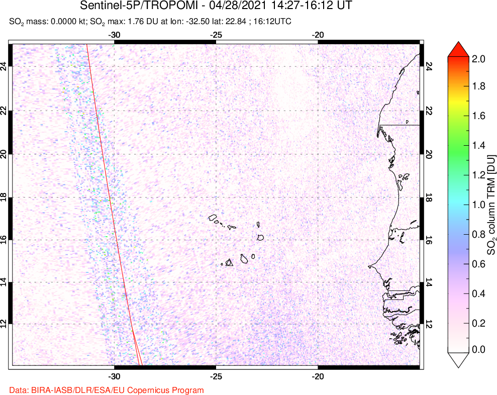 A sulfur dioxide image over Cape Verde Islands on Apr 28, 2021.