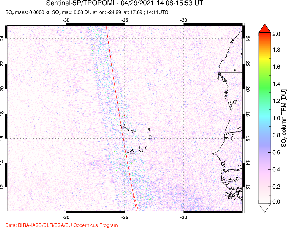 A sulfur dioxide image over Cape Verde Islands on Apr 29, 2021.