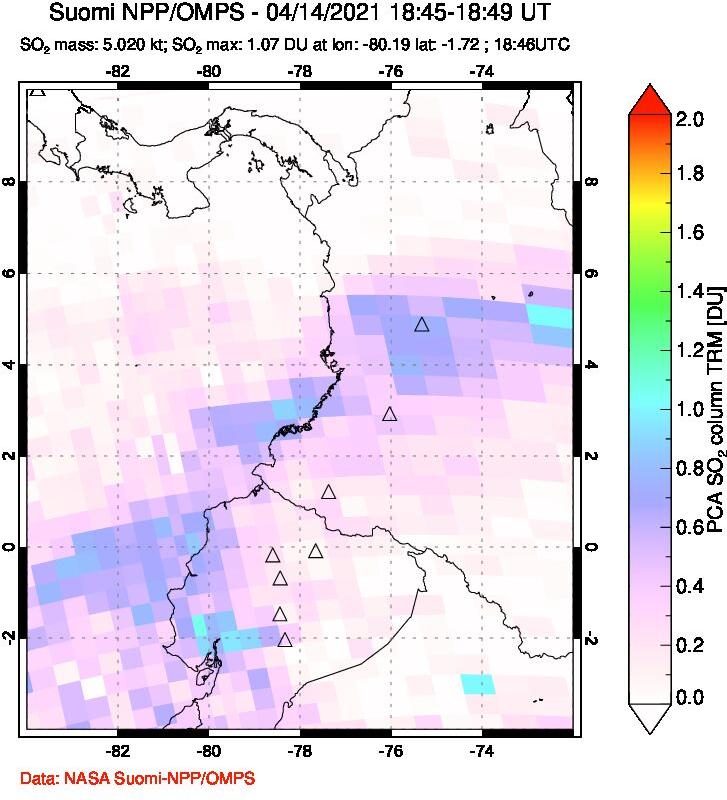 A sulfur dioxide image over Ecuador on Apr 14, 2021.