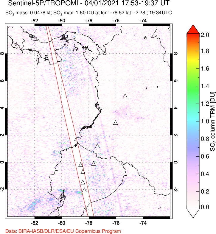 A sulfur dioxide image over Ecuador on Apr 01, 2021.