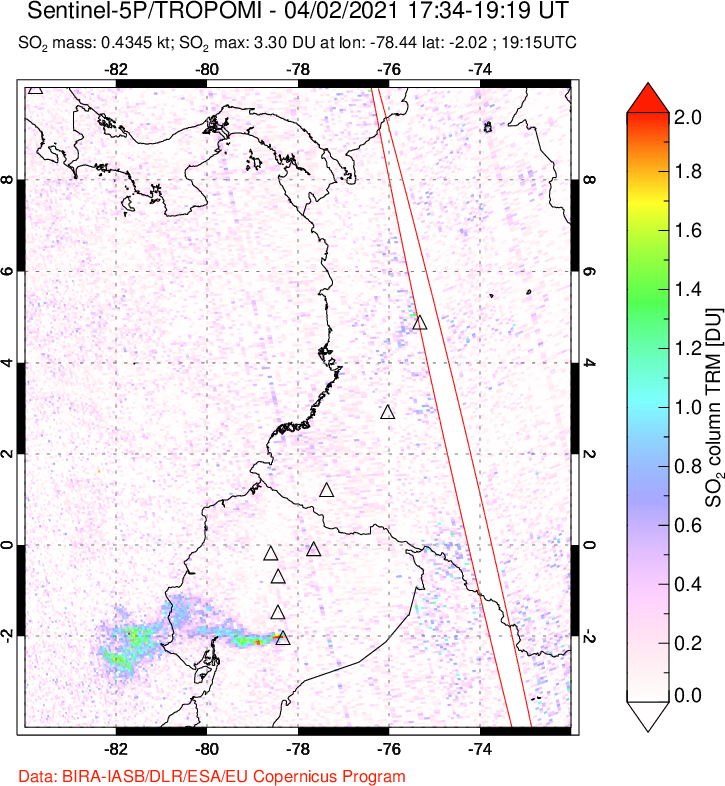 A sulfur dioxide image over Ecuador on Apr 02, 2021.