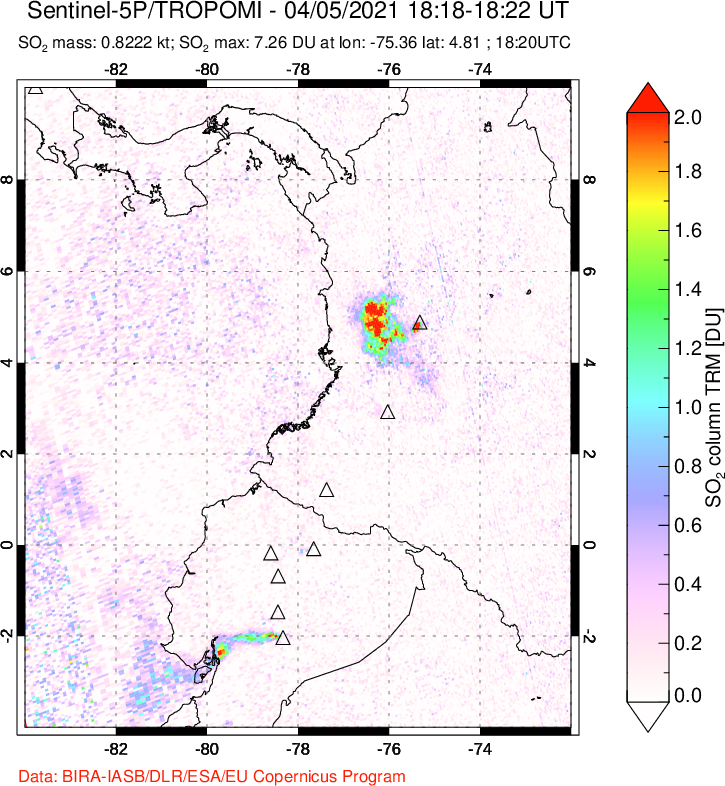 A sulfur dioxide image over Ecuador on Apr 05, 2021.