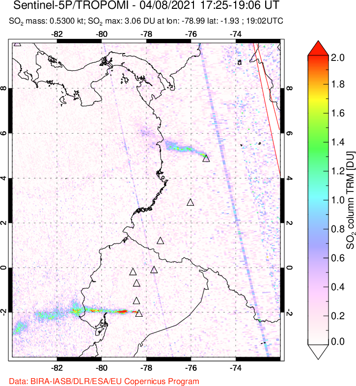 A sulfur dioxide image over Ecuador on Apr 08, 2021.