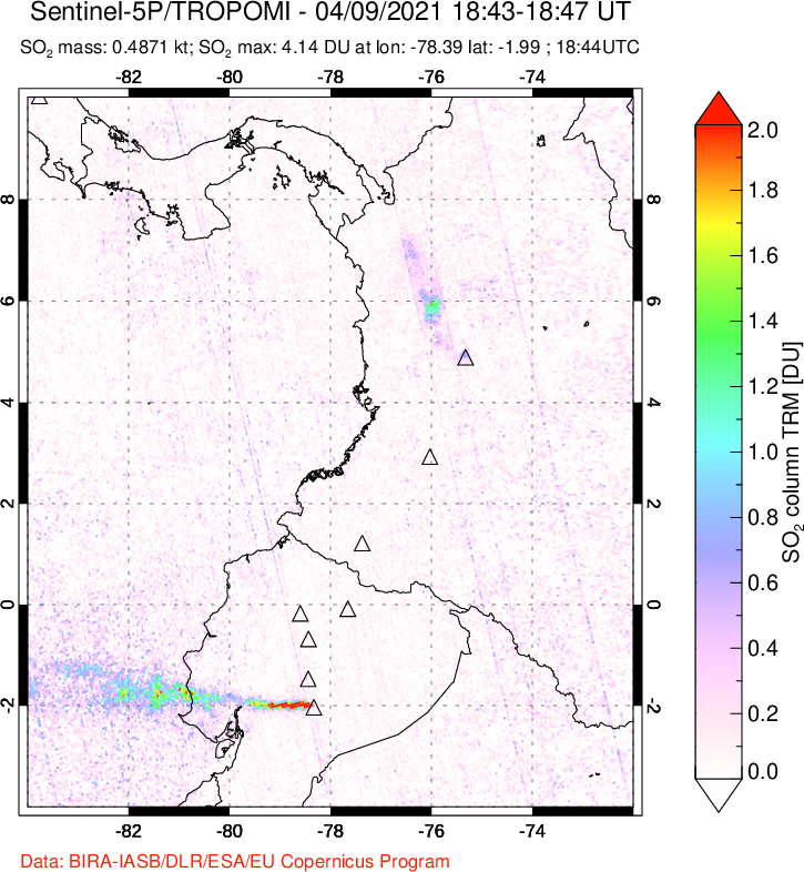 A sulfur dioxide image over Ecuador on Apr 09, 2021.