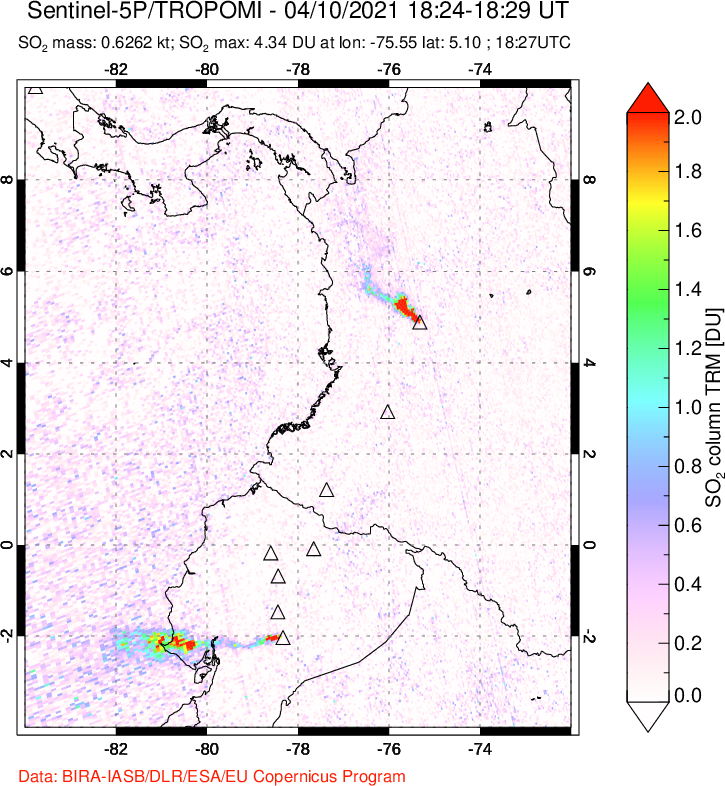 A sulfur dioxide image over Ecuador on Apr 10, 2021.