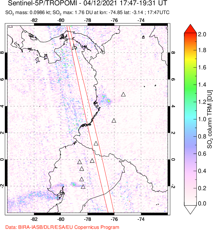 A sulfur dioxide image over Ecuador on Apr 12, 2021.