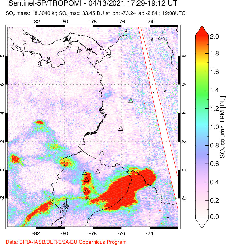 A sulfur dioxide image over Ecuador on Apr 13, 2021.