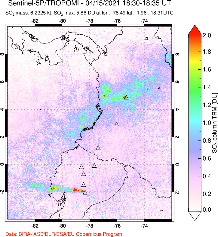 A sulfur dioxide image over Ecuador on Apr 15, 2021.