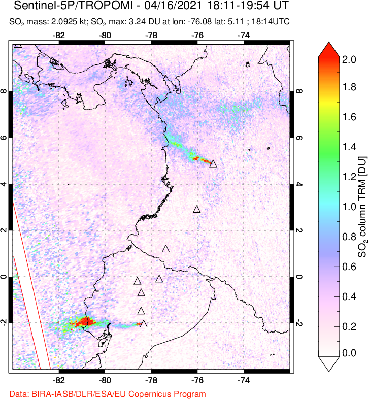 A sulfur dioxide image over Ecuador on Apr 16, 2021.