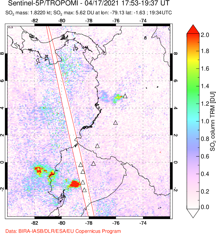 A sulfur dioxide image over Ecuador on Apr 17, 2021.