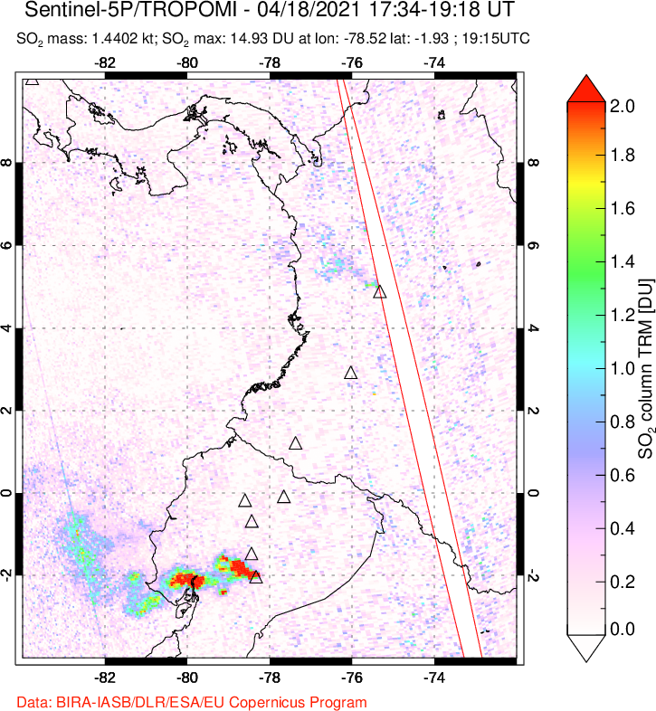 A sulfur dioxide image over Ecuador on Apr 18, 2021.